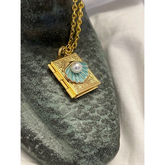 PEARL SHELL BOOK GOLD LOCKET TEAL TURQUOISE FLOWER SEA OCEAN NECKLACE - Picture 2 of 7